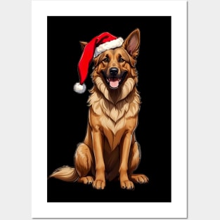 Funny Belgian Shepherd Wearing Santa Father Christmas Hat Posters and Art